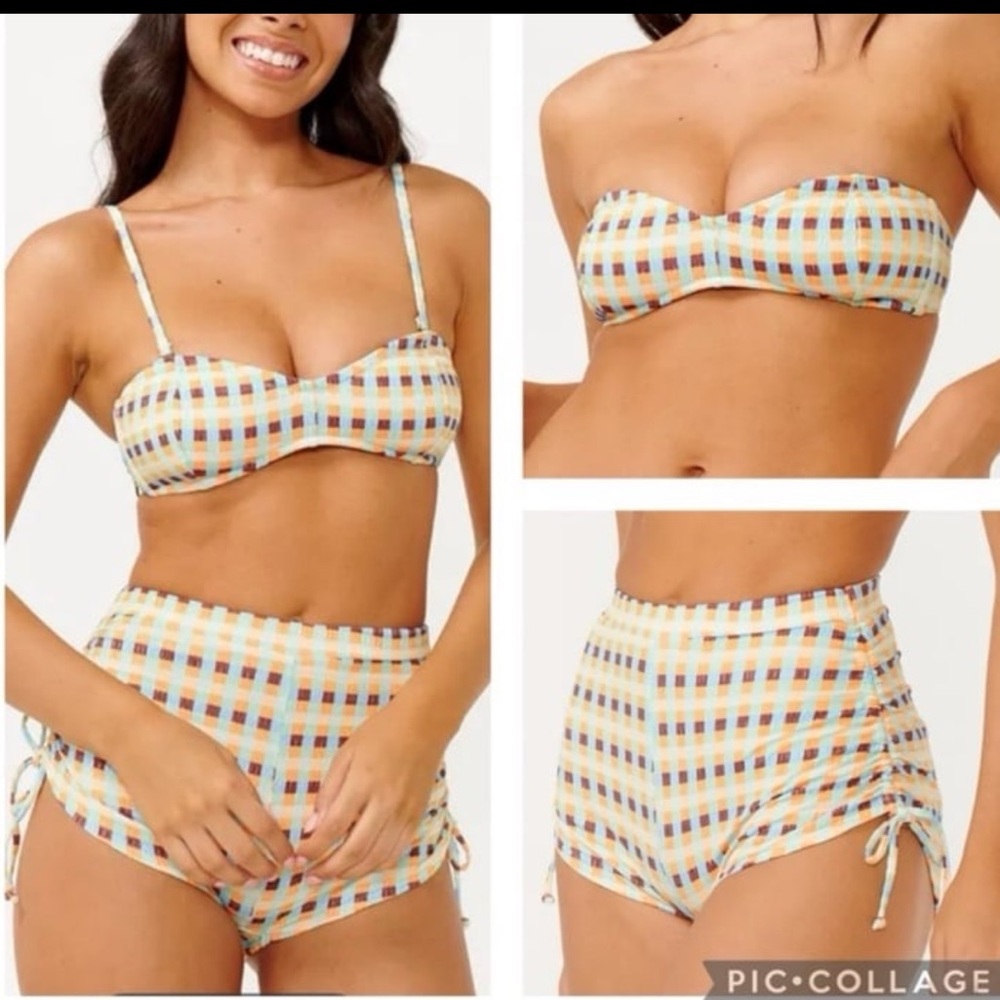 RIPCURL LOTTIE CHECK BANDEAU BIKINI TOP & BIKINI BOTTOM, LARGE